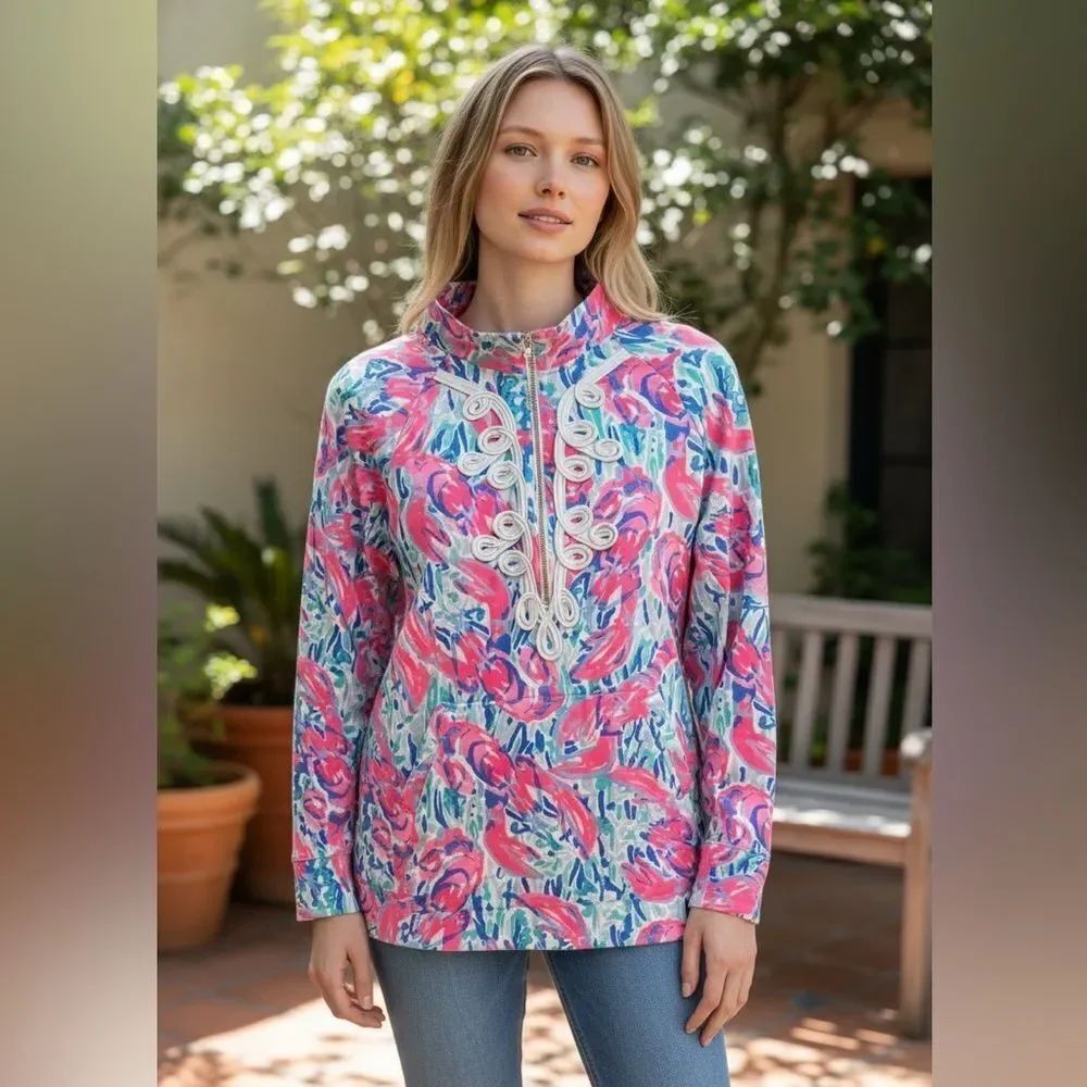 Lilly Pulitzer Coral Cracked Up Skipper Popover with Pink and Blue Patterns